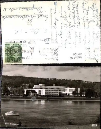 284126,Foto Ak Schiff Binnenschiff Bonn Bundeshaus Motorboot Stempel Deutscher Katholiken Tag Köln 1956