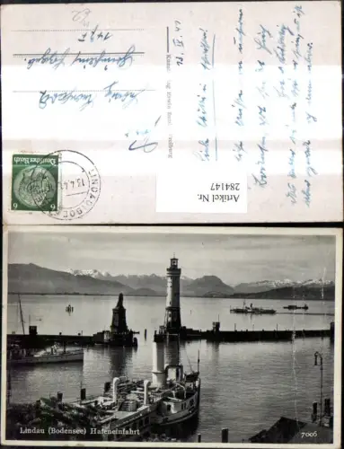 284147,Schiff Binnenschiff Dampfer Lindau i. Bodensee Hafeneinfahrt Leuchtturm Löwendenkmal