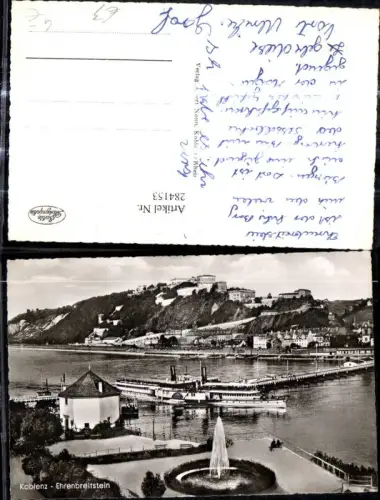 284153,Foto Ak Schiff Binnenschiff Dampfer Koblenz Ehrenbreitstein Springbrunnen i. Vordergrund