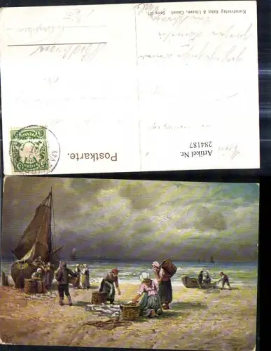 284187,Künstler Ak F. Bayerlein Schiff Segelschiff Segelboot a. Strand Personen Fischer Frauen