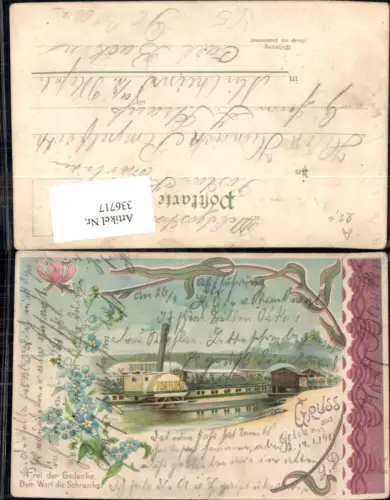 336717,Künstler Litho Dampfer Fortuna Schiff Binnenschiff Wassermühle Blumen Spruch