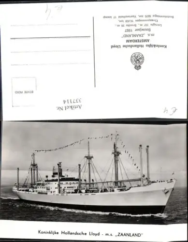 337114,Foto Ak Hochseeschiff Schiff m.s. Zaanland Koninklijke Hollandsche Lloyd Amsterdam