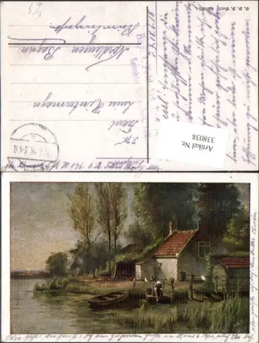 338038,Künstler Ak Boot Ufer m. Haus Frau a. Steg Landschaft