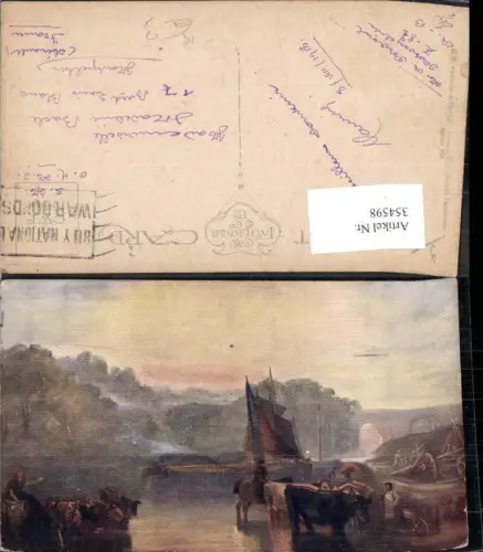 354598,Künstler Ak Segelschiff Schiff Rinder i. Fluss Bauern Viadukt Landschaft