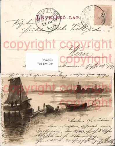 465964,Künstler Litho H. Meirle Segelschiff Segelboot Boot Sonne Mond