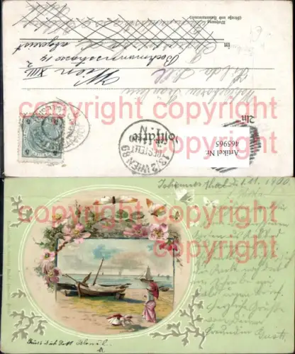 465965,Künstler Ak Segelschiffe Segelboote Fischerei Frau Kind Strand Passepartout Blumen
