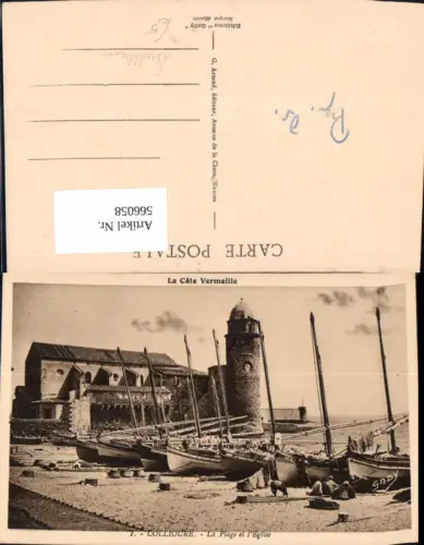 566058,Colliqure La Plage et l Eglise Leuchtturm Boot Segelboot a. Strand Hafen
