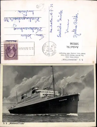 599598,Schiff Hochseeschiff S. S. Manhattan United States Lines Stempel U.S.Ger.Sea Post