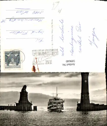 599640,Foto Ak Schiff Binnenschiff Dampfer Lindau Bodensee Hafeneinfahrt Leuchtturm