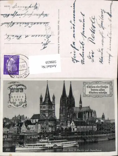 599659,Schiff Binnenschiff Dampfer Schiller Köln Dom St Martin u. Stapelhaus