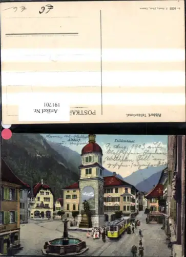 191701,Altdorf Dorfplatz m. Telldenkmal Strassenbahn Statue Denkmal Brunnen Kt Uri