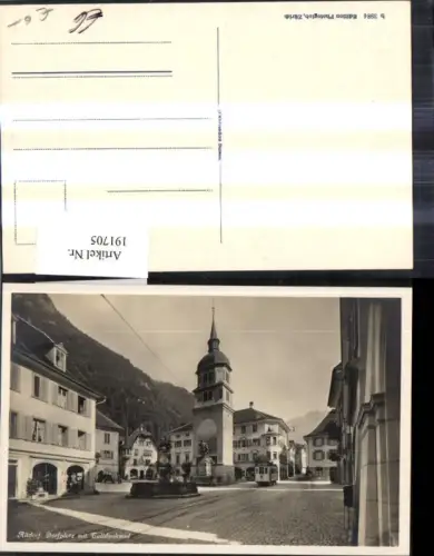 191705,Altdorf Dorfplatz m. Telldenkmal Strassenbahn Statue Denkmal Brunnen Kt Uri