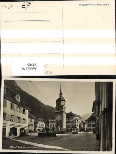 191706,Altdorf Dorfplatz m. Telldenkmal Strassenbahn Statue Denkmal Brunnen Kt Uri