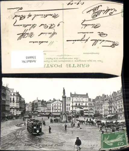 336693,Straßenbahn Lille La Grand Place Säule Statue Kutschen