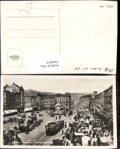 336697,Foto Ak Linz a. d. Donau Straßenbahn Pöstlingberg i. Hintergrund Hauptplatz