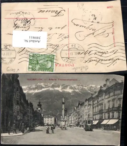 389811,Straßenbahn Innsbruck Maria-Theresienstrasse Annasäule Bergkulisse