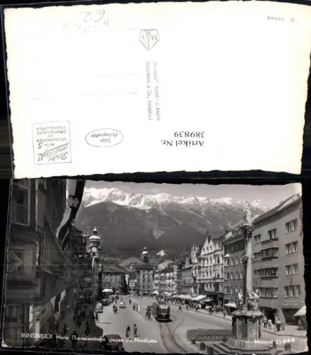 389839,Foto Ak Straßenbahn Innsbruck Maria-Theresienstrasse Annasäule Bergkulisse
