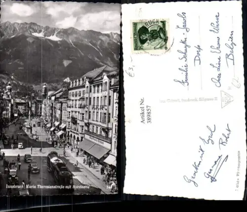 389857,Foto Ak Straßenbahn Innsbruck Maria-Theresienstrasse Annasäule Kaufhaus Kraus Auto