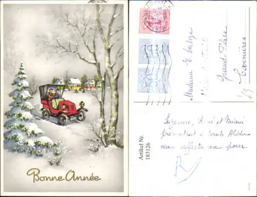 183126,Künstler Ak Automobil Oldtimer i. Winterlandschaft Bonne Annee
