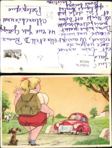 183128,Künstler Ak Auto Personenwagen Frau Anhalterin Hut Rucksack