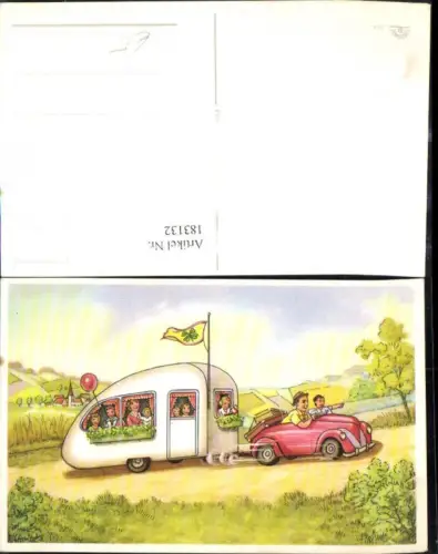183132,Künstler Ak Auto m. Wohnanhänger Wohnwagen Flagge Kleeblatt