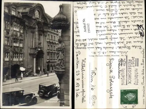 194162,Foto Ak Automobil Auto Oldtimer München St Nepomuk Kirche Strassenansicht