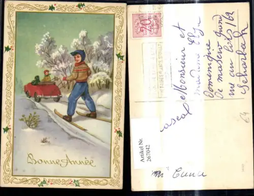 267042,Künstler Ak Personenwagen Auto zieht Schifahrer Ski hinterher Winterlandschaft