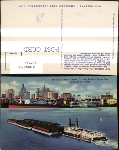 212233,Louisiana New Orleans Skyline of New Orleans and Federal Barge Line Entering her Berth Schiff Damfper