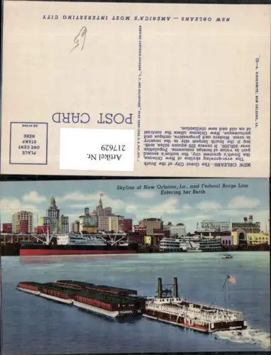 217629,Louisiana New Orleans Skyline Teilansicht and Federal Barge Line entering her Berth Transportschiff Schiff