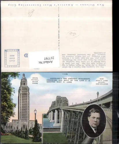 217797,Louisiana New Orleans Huey P. Long Bridge and Baton Rouge State Capitol built by U. S. Senator Huey P. Long Portr