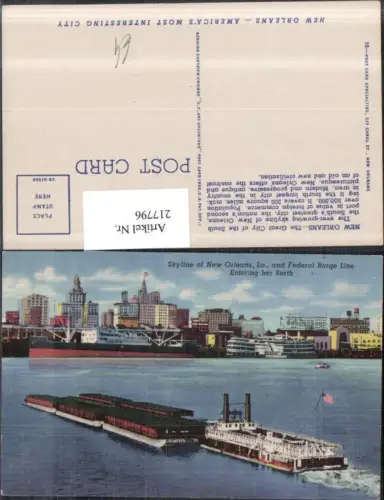 217796,Louisiana New Orleans Skyline Teilansicht and Federal Barge Line entering her Berth Transportschiff Schiff