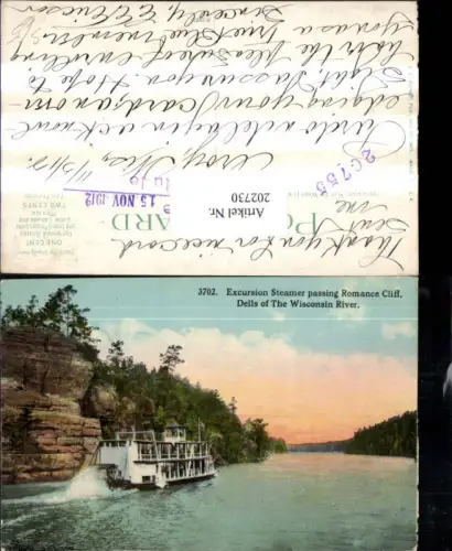 202730,Wisconsin Excursion Steamer passing Romance Cliff Dells of The Wisconsin River Boot Stempel Recule 20755