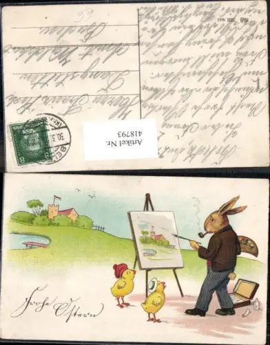 418793,Künstler Ak Hase malen Staffelei Küken Ostern Vermenschlichte Tiere