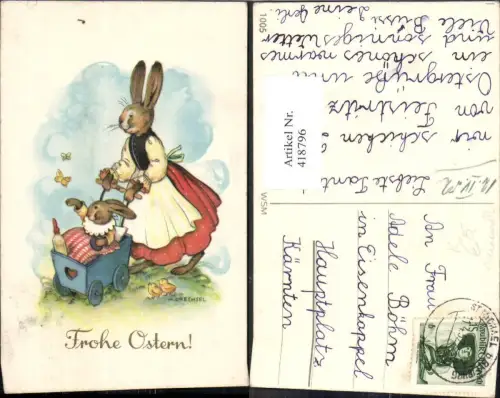 418796,Künstler Ak M. Drechsel Hasenmutter m. Kinderwagen Ostern Vermenschlichte Tiere