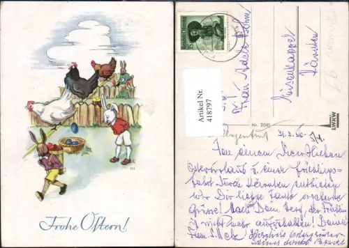 418797,Künstler Ak Hasen Hühnerleiter Ostern Eier Vermenschlichte Tiere