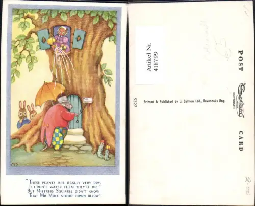 418799,Künstler Ak Miss Squirrel Gießkanne Baumhaus Hasen Raupen Vermenschlichte Tiere