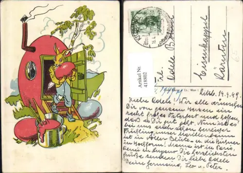 418802,Künstler Ak Hase Eierhaus m. Rauchfang Eimer Farbe Ostern Vermenschlichte Tiere