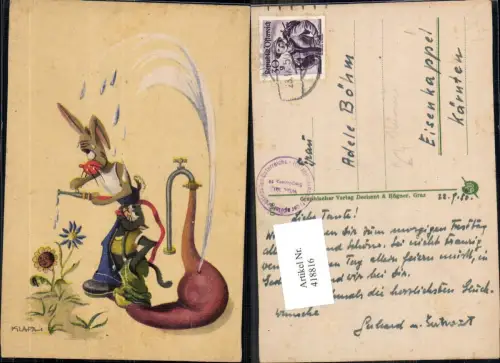 418816,Künstler Ak Klapah Hase Katze m. löchrigen Wasserschlauch Blumen Humor Vermenschlichte Tiere