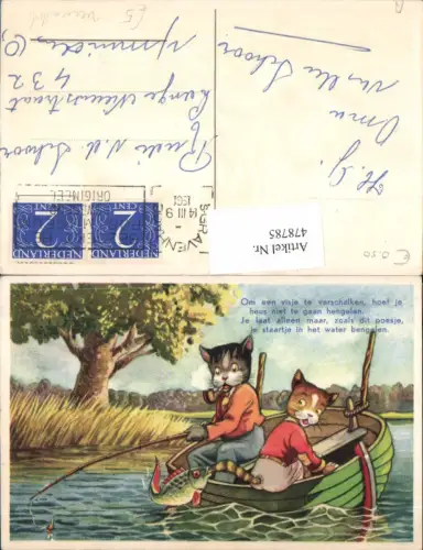 478785,Künstler Ak Vermenschlichte Tiere Katzen b. Fischen Humor Boot Spruch