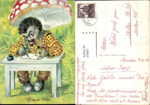 478807,Künstler Ak Vermenschlichte Tiere Igel schreibt Brief Ewig der Deine pub Wilhelm Janu 300/2
