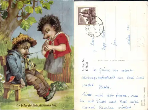478808,Künstler Ak Vermenschlichte Tiere Igel schläft Frau spielt Streich pub Wilhelm Janu 255/1