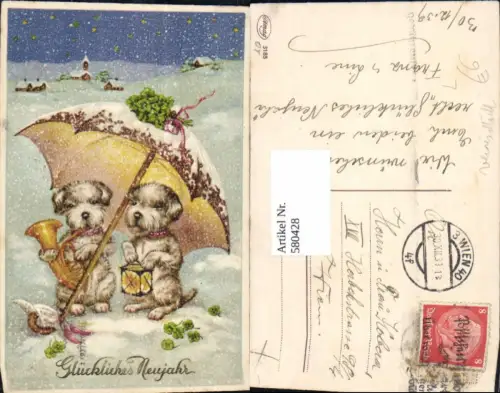 580428,Litho Hunde i. Schnee Horn blasen Schirm Laterne Vermenschlichte Tiere