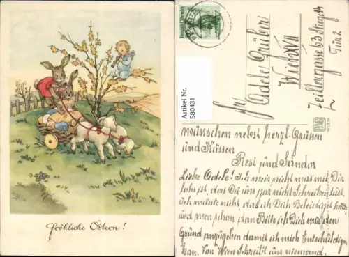 580431,Künstler Ak Elfriede Türr Hasen Kutsche Engel Ostern Vermenschlichte Tiere
