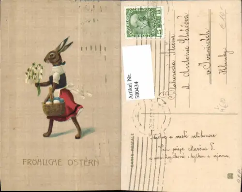 580434,Präge Litho Hase i. Kleid Korb m. Eier Blumen Ostern Vermenschlichte Tiere
