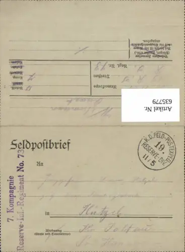 Feldpost n. Hützel Soltau K.D. Feldpostamt 19. Reserve Div. 7. Kom. Res. Inf. Reg. 73