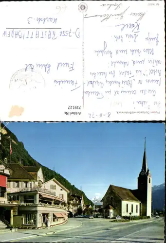 719127 Flüelen Dorfpartie mit Bristenstock Kirche Hotel Weisses Kreuz