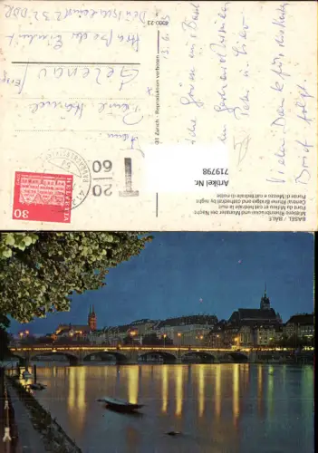 719798 Basel Bale Mittlere Rheinbrücke u. Münster b. Nacht Pont du Milieu
