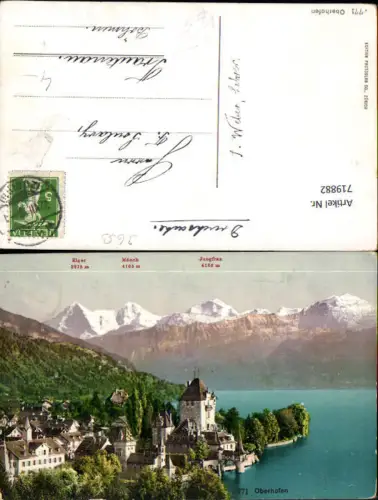 719882 Oberhofen a. Thunersee Schloss mit Eiger Mönch u. Jungfrau Stempel Trautenau pub Photoglob 771