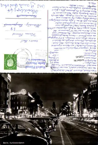 718545 Foto AK Berlin Kurfürstendamm b. Nacht VW Käfer Reklame Pelikan Noris Weinbrand