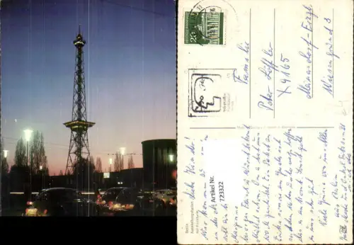 723322 Berlin Ausstellungshallen mit Funkturm b. Nacht VW Käfer